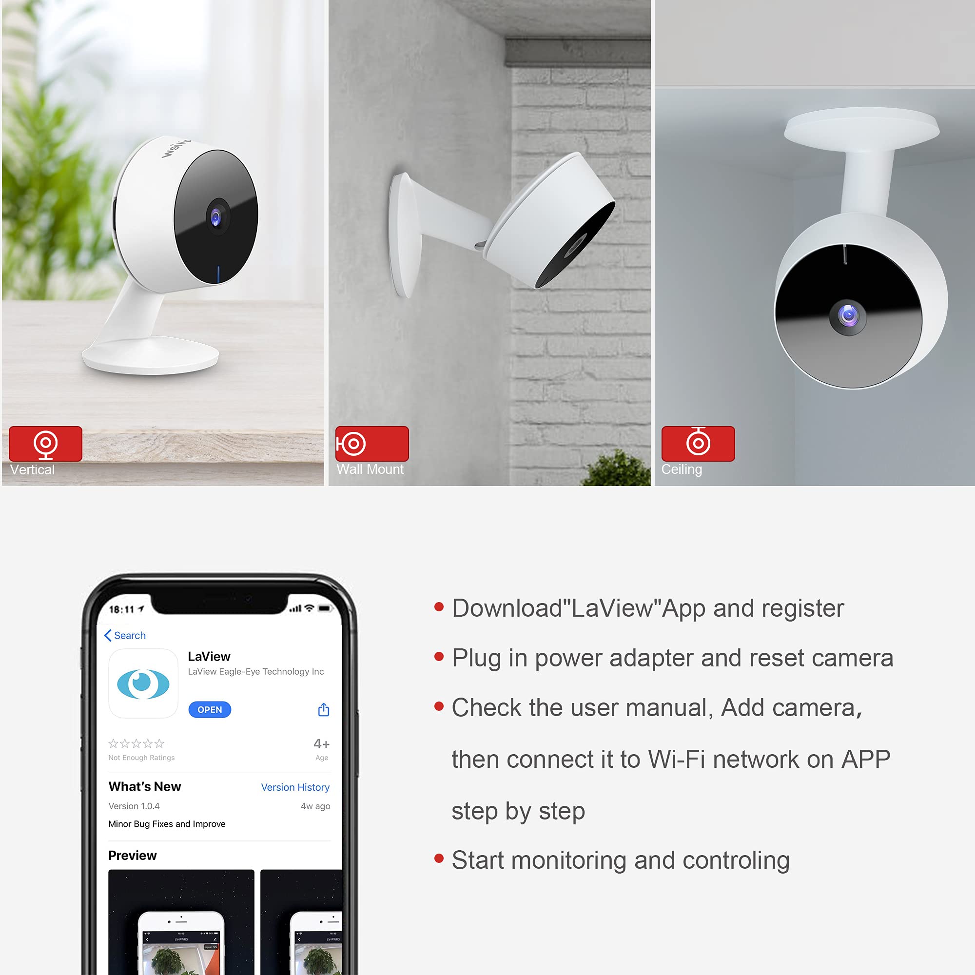 Laview Security Cameras 4Pcs, Home Security Camera Indoor 1080P, Wi Fi Cameras Wired For Pet, Motion Detection, Two Way Audio, N